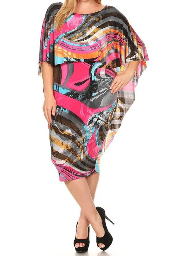 Plus Size Colorful Overlay Abstract Cape Dress